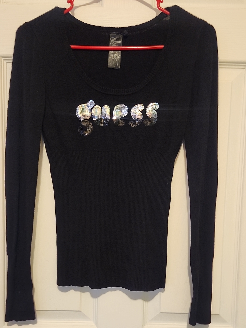 Guess Black Long Sleeve Ribbed Top with Iridescent Sequin Logo
